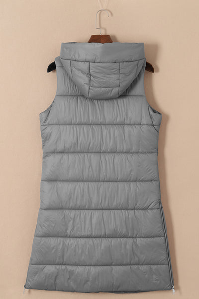 Dark Grey Hooded Long Quilted Vest Coat-Outerwear-MomFashion