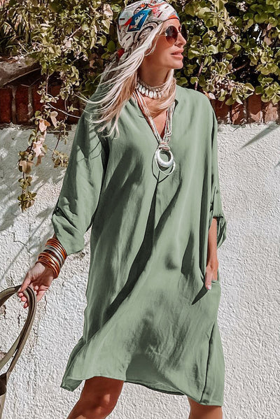 Green Roll-tab Sleeve Flowy Casual Dress-Dresses-MomFashion