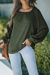 Green Scoop Neck Puff Sleeve Waffle Knit Top-Tops-MomFashion