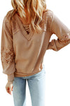 Apricot Lace Waffle Patchwork Strappy V Neck Long Sleeve Top-Tops-MomFashion