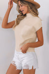 Oatmeal Patch Pocket Ribbed Knit Short Sleeve Sweater-Tops-MomFashion