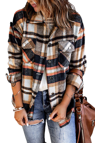 Geometric Plaid Print Pocketed Shacket-Outerwear-MomFashion