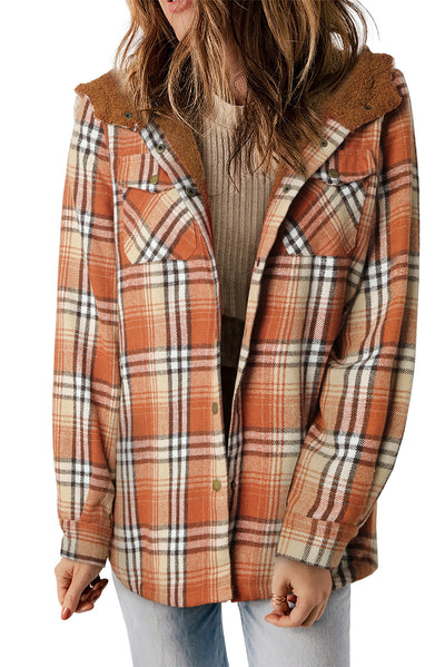 Orange Plaid Pattern Sherpa Lined Hooded Shacket-Outerwear-MomFashion