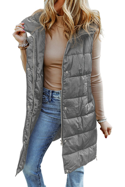 Dark Grey Hooded Long Quilted Vest Coat-Outerwear-MomFashion