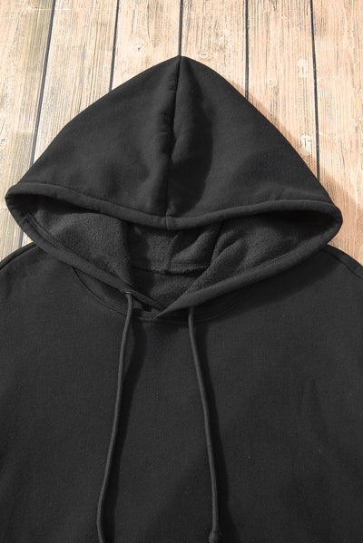 Black Fleece Lined Kangaroo Pocket Drawstring Chunky Hoodie-Tops/Sweatshirts & Hoodies-MomFashion