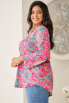 Rose Plus Size Paisley Print V Neck Roll Tab Sleeve Blouse-Plus Size-MomFashion