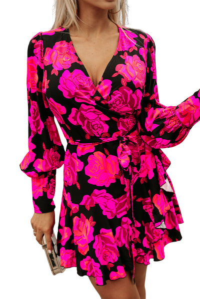 Rose Floral Print V Neck Wrap Bishop Sleeve Ruffle Tiered Mini Dress-Dresses-MomFashion