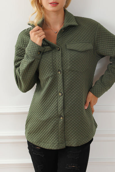 Green Retro Quilted Flap Pocket Button Shacket-Outerwear-MomFashion