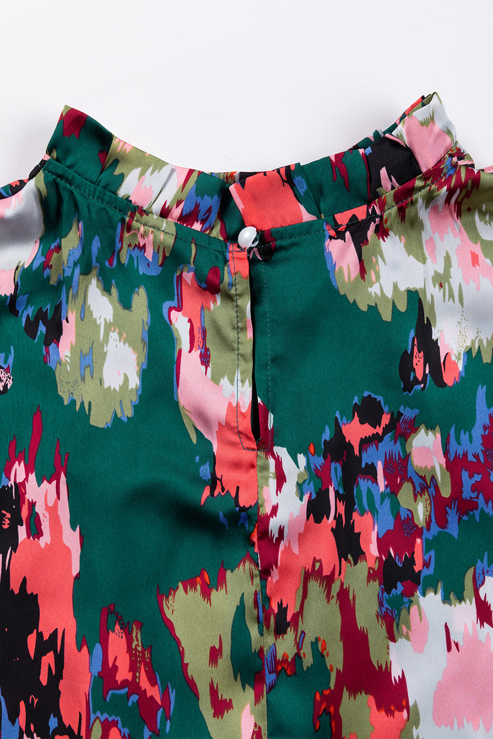 Green Abstract Print Smocked Cuffs Frilled Neck Blouse-Tops-MomFashion