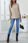 Khaki Contrast Cuffs Batwing Sleeve Loose Top-Tops-MomFashion