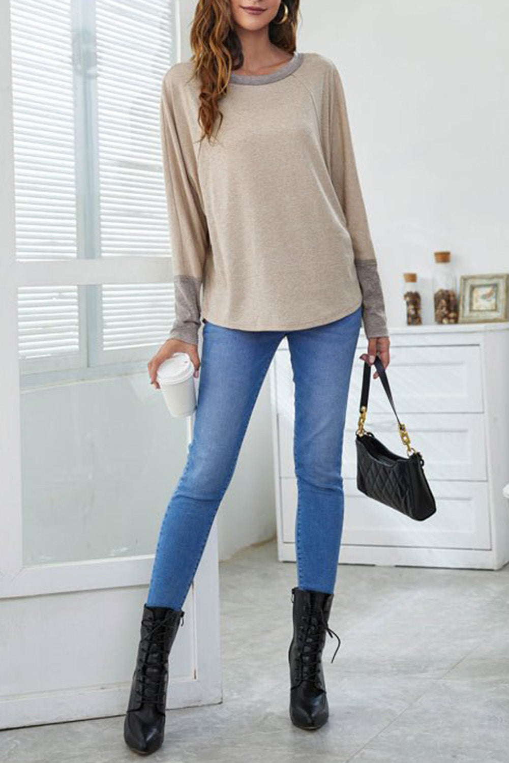 Khaki Contrast Cuffs Batwing Sleeve Loose Top-Tops-MomFashion