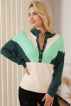 Green Geometric Color Block Knit Button V Neck Sweater-Tops-MomFashion