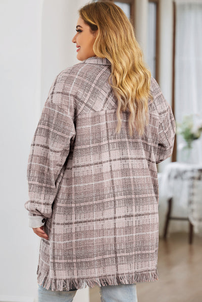 Pink Plus Size Macrame Plaid Coat-Plus Size-MomFashion