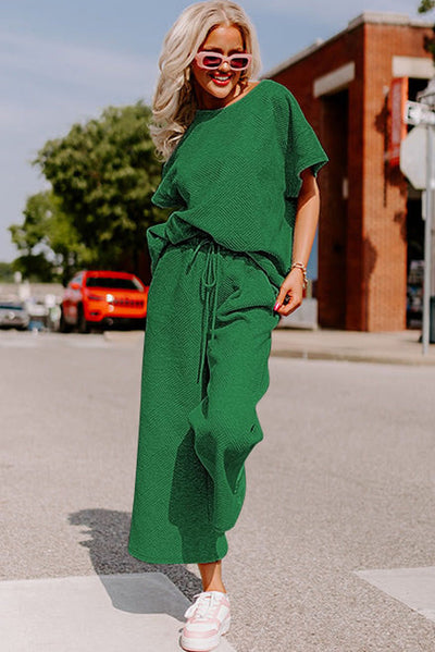 Dark Green Textured Loose Fit T Shirt and Drawstring Pants Set-Loungewear-MomFashion