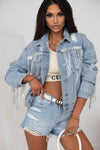 Sky Blue Sequin Embellished Fringe Distressed Denim Jacket-Outerwear-MomFashion