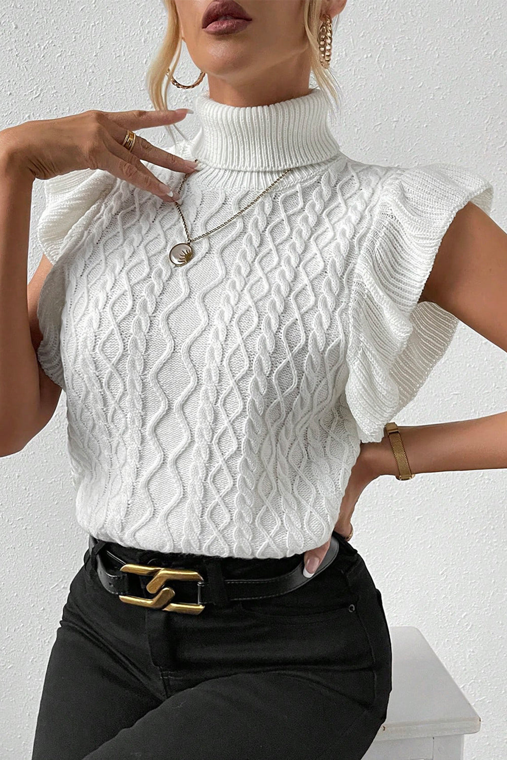 White Turtle Neck Short Sleeve Cable Knit Ruffled Sweater-Tops-MomFashion