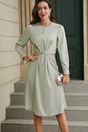 Green Twist Front Tie Back Long Sleeve Satin Dress-Dresses-MomFashion