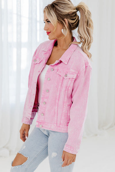 Pink Acid Wash Button Flap Pocket Denim Jacket-Outerwear-MomFashion