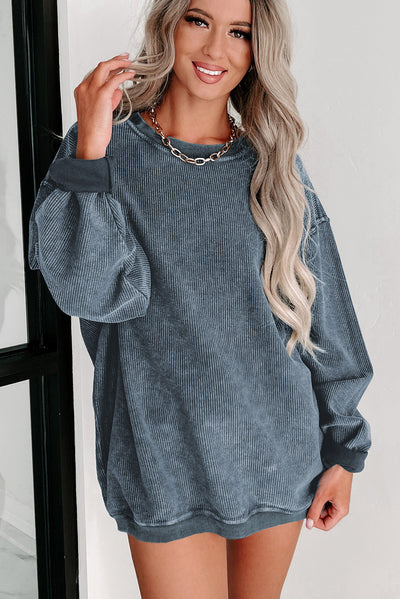 Blue Solid Ribbed Knit Round Neck Pullover Sweatshirt-Tops-MomFashion