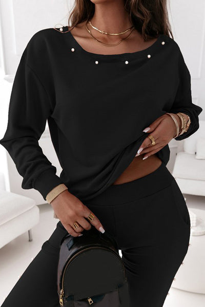 Black Beaded Decor Pullover and Jogger Pants Set-Loungewear-MomFashion
