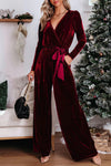 Fiery Red Velvet Pocketed Cut out Back Wide Leg Jumpsuit-Bottoms-MomFashion