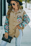 Khaki Aztec Pattern Sleeve Pocketed Corduroy Shacket-Outerwear-MomFashion