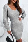 Gray V Neck Bodycon Sweater Dress-Dresses-MomFashion