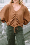 Brown V-Neck Drawstring Dolman Sleeve Waffle Knit Top-Tops-MomFashion