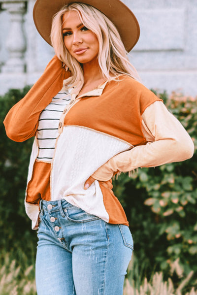 Orange Stripe Color Block Splicing Long Sleeve Henley Top-Tops-MomFashion