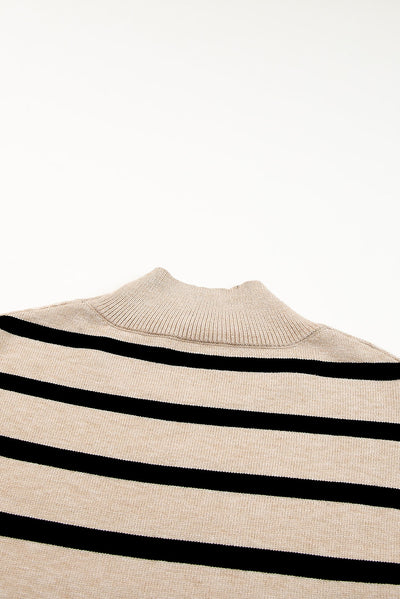 Khaki Striped Mock Neck Bell Sleeve Knit Sweater-Tops-MomFashion