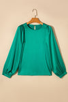 Green Satin Puff Long Sleeve Crewneck Blouse-Tops-MomFashion