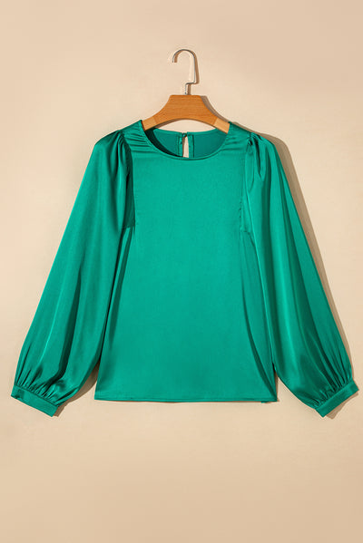 Green Satin Puff Long Sleeve Crewneck Blouse-Tops-MomFashion