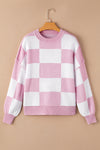 Pink Checkered Bishop Sleeve Sweater-Tops-MomFashion