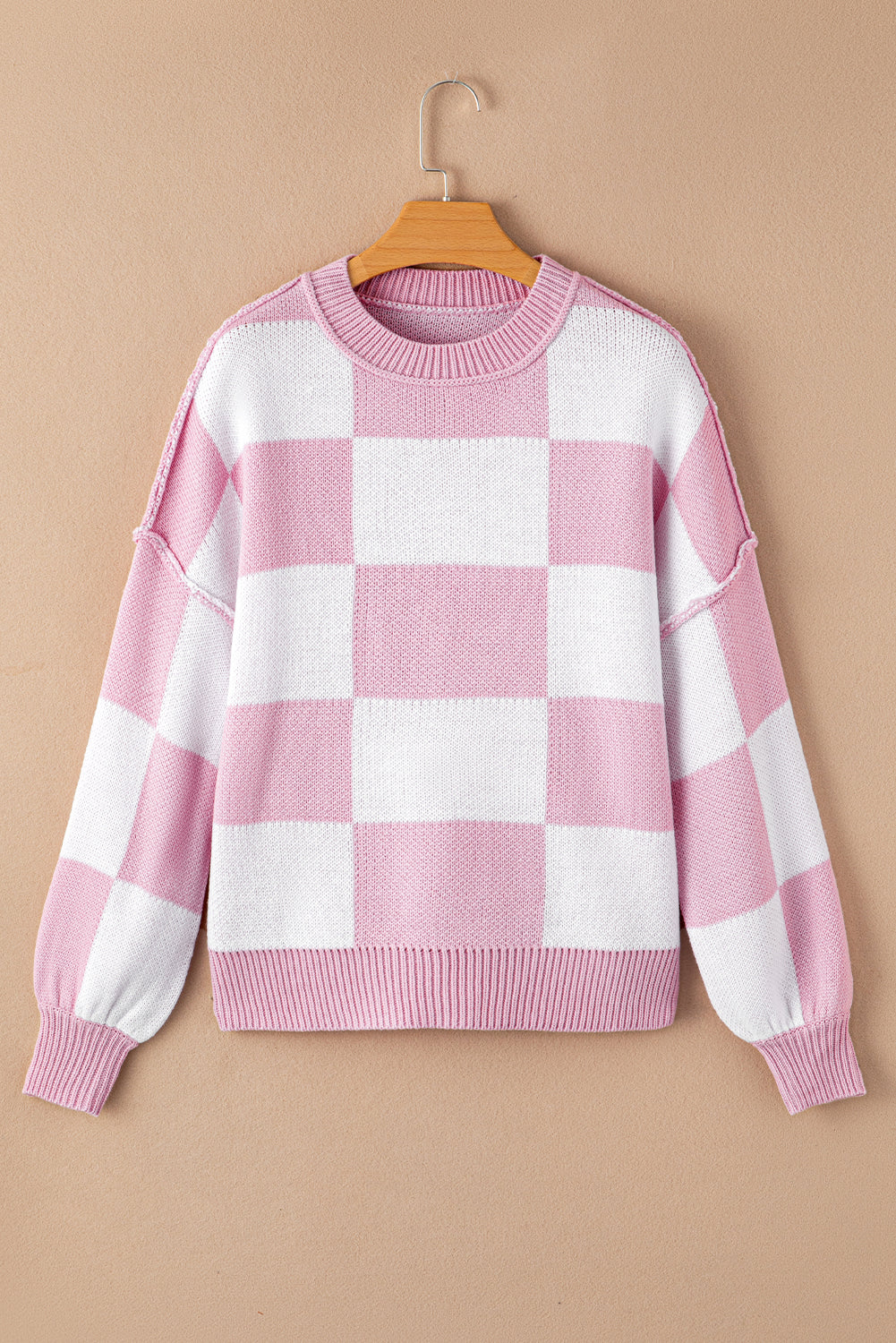 Pink Checkered Bishop Sleeve Sweater-Tops-MomFashion