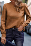 Brown Solid Color Quilted Puff Sleeve Pullover Sweatshirt-Tops-MomFashion