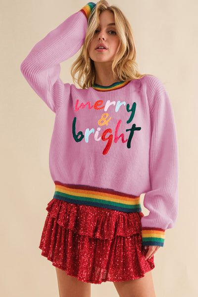 Bonbon Merry & Bright Colorful Stripes Trim Sweater-Tops-MomFashion