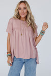 Light Pink Ruffled Trim Loose Babydoll Tee-Tops-MomFashion