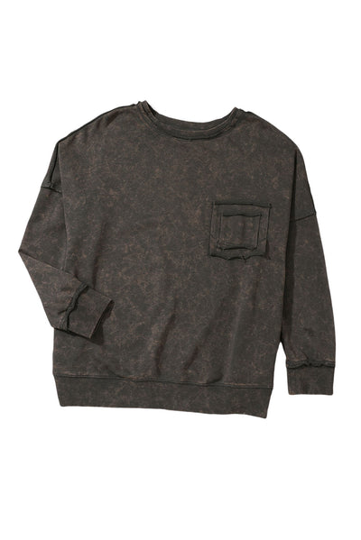 Gray Acid Wash Drop Shoulder Long Sleeve Sweatshirt with Pockets-Tops-MomFashion