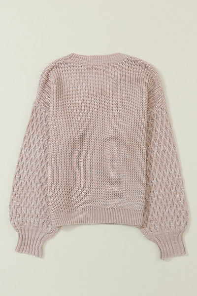 Parchment Cable Knit Sleeve Drop Shoulder Sweater-Tops-MomFashion