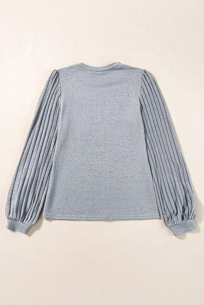 Gray Contrast Ribbed Bishop Sleeve Top-Tops-MomFashion