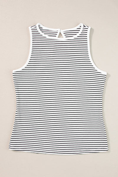 White Striped Print Ribbed Knit Sleeveless Top-Tops-MomFashion