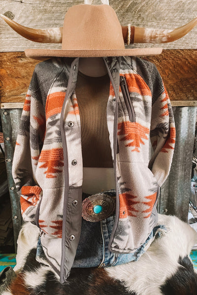 Gray Western Aztec Snap Buttoned Fleece Jacket-Outerwear-MomFashion