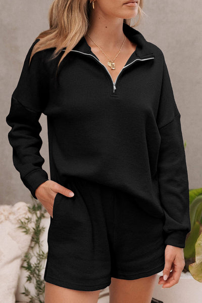 Black Ribbed Zipper Sweatshirt and High Waist Shorts Set-Loungewear-MomFashion