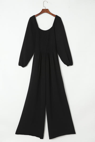 Black Smocked Square Neck Long Sleeve Wide Leg Jumpsuit-Bottoms-MomFashion