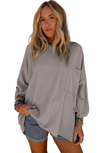 Gray Ribbed Roll-tab Sleeve Chest Pocket Oversize Top-Tops-MomFashion