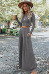 Gray Solid Color Ribbed Crop Top Long Pants Set-Loungewear-MomFashion