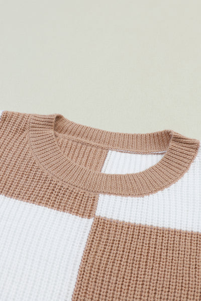 Checkered Ribbed Knit Puff Sleeve Sweater-Tops-MomFashion