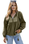 Green Embroidered Split Neck Pleated Loose Blouse-Tops-MomFashion