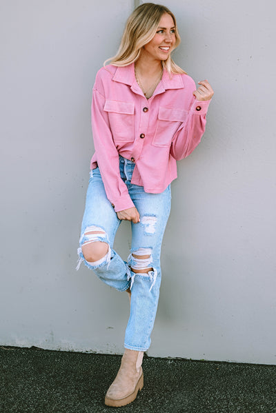 Pink Turn-Down Collar Pockets Shirt Jacket-Outerwear-MomFashion