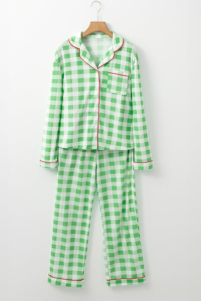 Light Green Christmas Plaid Print Shirt and Pants Pajama Set-Loungewear & Sleepwear/Sleepwear-MomFashion